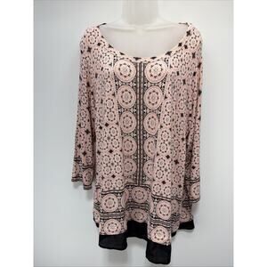 Rose + Olive Scoop Neck Top Womens 1X Pink Floral Bell Sleeve Knit Cottagecore